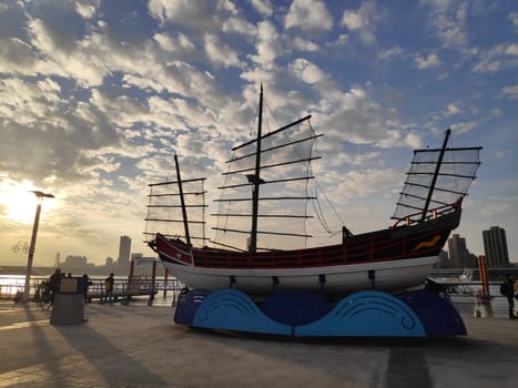 Taipei Dadaocheng Ferry Terminal, Taiwan - June 14, 2019 : The beautiful Dadao Wharf is located along the Danshui River. At sunset, it attracts many tourists to enjoy the sunset.