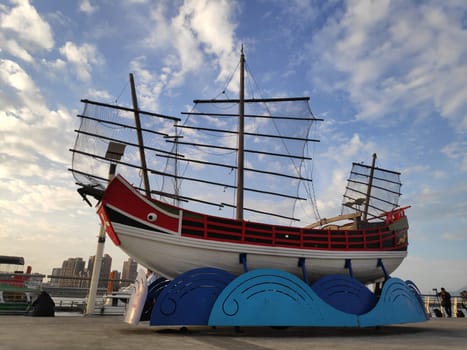 Taipei Dadaocheng Ferry Terminal, Taiwan - June 14, 2019 : The beautiful Dadao Wharf is located along the Danshui River. At sunset, it attracts many tourists to enjoy the sunset.