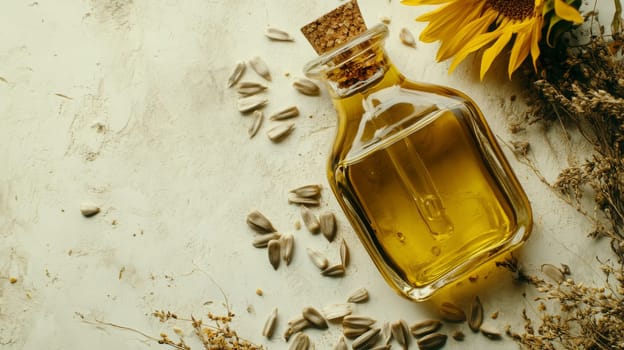Sunflower oil extract in small bottle on wooden table, Generative AI, food