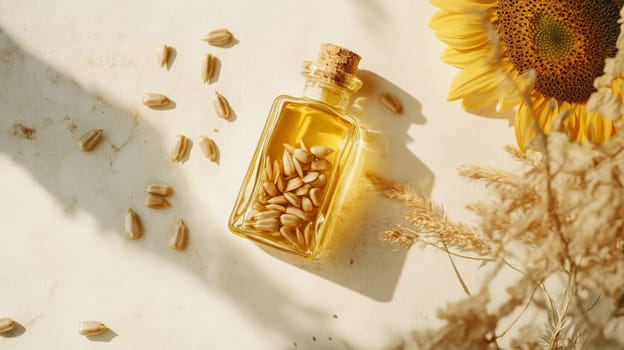 Sunflower oil extract in small bottle on wooden table, Generative AI, food