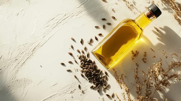 Sunflower oil extract in small bottle on wooden table, Generative AI, food