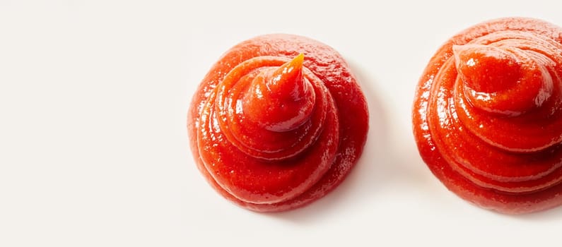 Two swirls of fresh homemade tomato sauce, catsup or ketchup isolated on white viewed top down with copy space in banner format