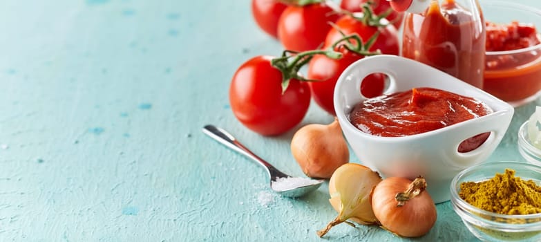 Ingredients for making homemade tomato sauce with fresh vine tomatoes, onions, spices and puree over light green wood with copy space in a panorama banner