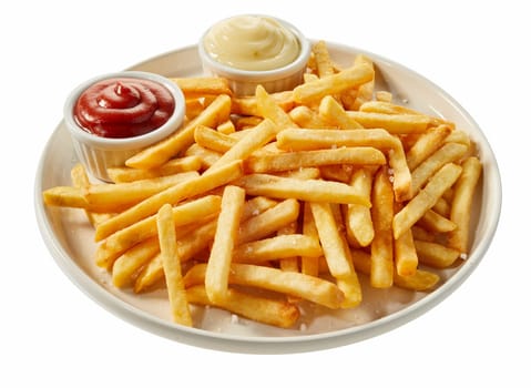 White ceramic plate of freshly prepared french fries served with ketchup and mayonnaise in small bawls, viewed in close-up, isolated on white background