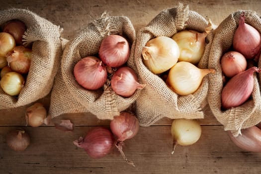 Top view of sack cloth bags with onion assortment. Different kinds of freshly harvested onion placed in rustic sacks and viewed from above on wooden floor surface.