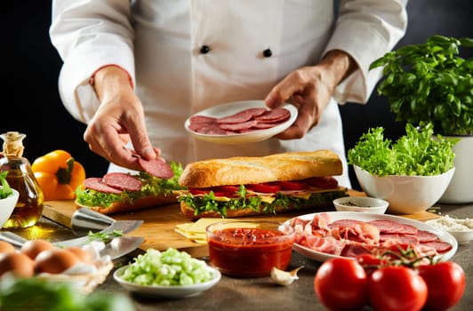 Chef preparing a crusty baguette sandwich with cold sliced salami and fresh salad trimmings in a close up on his hands