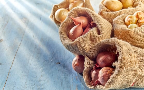 Rustic harvest concept with sack bags with variety of kinds of fresh onion from local market, placed on wooden surface with copy space