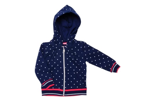 Kids jacket isolated. A stylish fashionable dark blue jacket with white dots and blue lining for the little girl. A sport jacket with hood for jogging isolated on white. Children sport fashion.