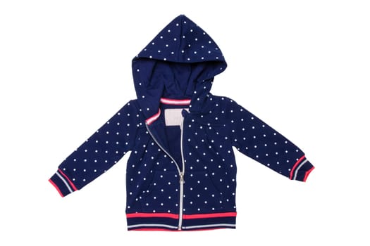 Kids jacket isolated. A stylish fashionable dark blue jacket with white dots and blue lining for the little girl. A sport jacket with hood for jogging isolated on white. Children sport fashion.