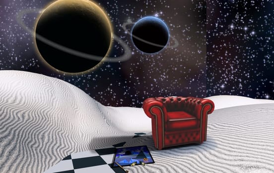 Surreal white desert. Red armchair and painting. Planets in starry sky.