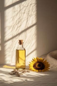 Sunflower oil extract in small bottle on wooden table, Generative AI, food