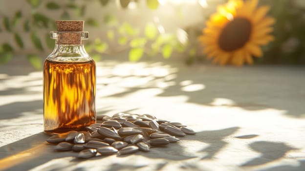 Sunflower oil extract in small bottle on wooden table, Generative AI, food