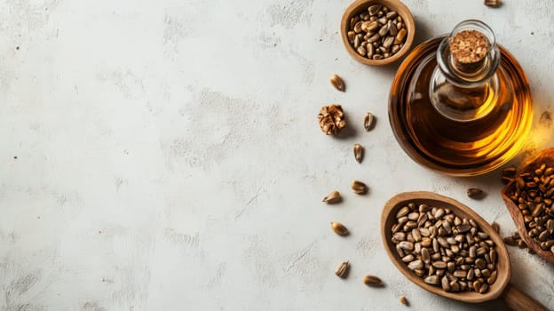 Sunflower oil extract in small bottle on wooden table, Generative AI, food