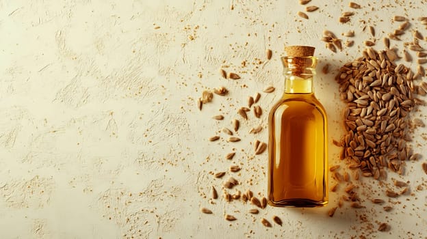 Sunflower oil extract in small bottle on wooden table, Generative AI, food