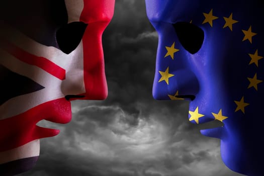 Brexit concept showing two heads together covered in EU flag and UK flag with storm clouds behind. Political graphic concept artwork.