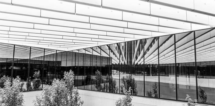 Long lines, mirrors and wide plans creating open spaces in modern architecture..
