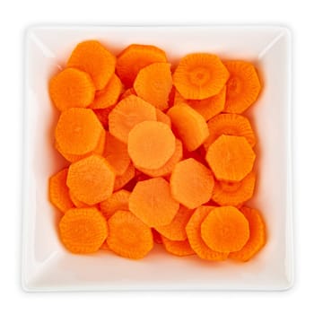 Frish sliced carrots in a bowl isolated on white background