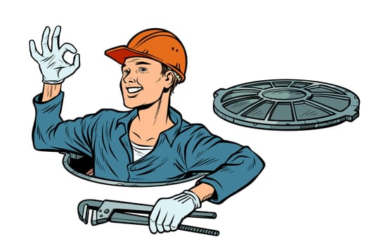 gesture ok okay. Plumber in the manhole. Pop art retro vector illustration kitsch vintage
