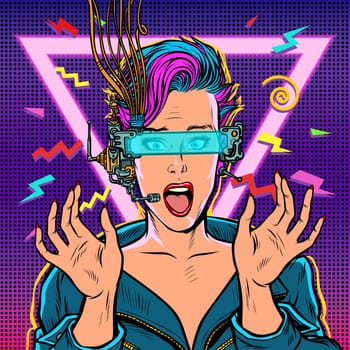 surprised woman in virtual reality. Pop art retro vector illustration vintage kitsch