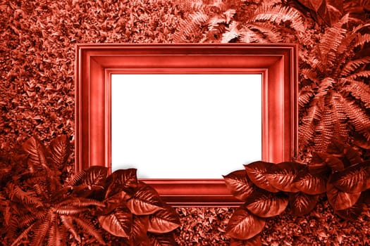 Living coral color background from leaves and white blank for your design or text. Pantone color of the year 2019.