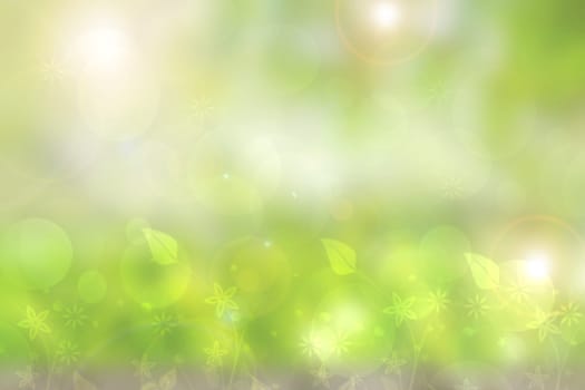 Abstract natural spring light green background texture with leaves and bokeh circles. Space.