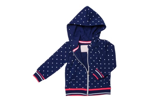 Kids jacket isolated. A stylish fashionable dark blue jacket with white dots and blue lining for the little girl. A sport jacket with hood for jogging isolated on white. Children sport fashion.