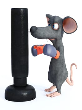 3D rendering of a cute cartoon mouse wearing boxing gloves and punching a heavy bag. White background.