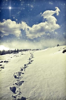 Footpath on the snow covered mountain