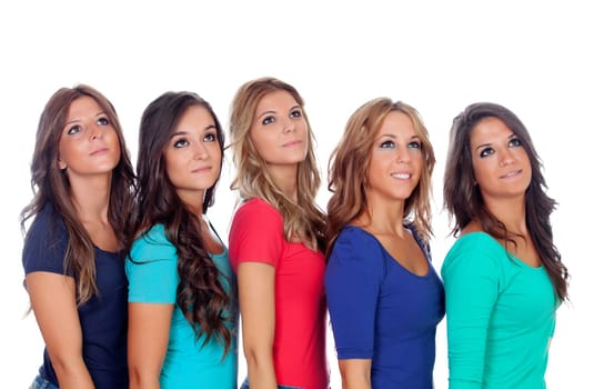 Five good friends looking up isolated on a white background