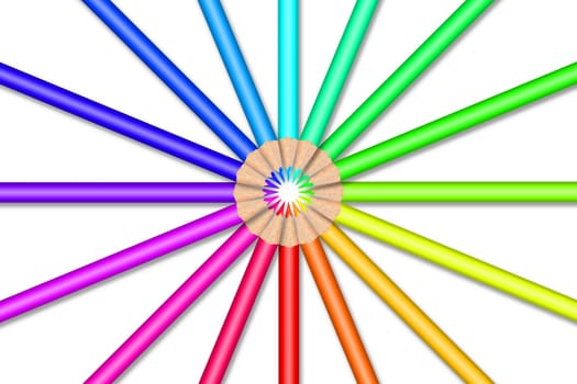 Multi colored pencils on white background
