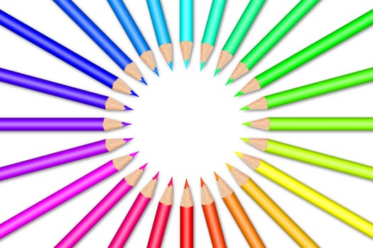 Multi colored pencils on white background