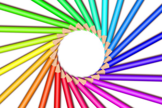 Multi colored pencils on white background