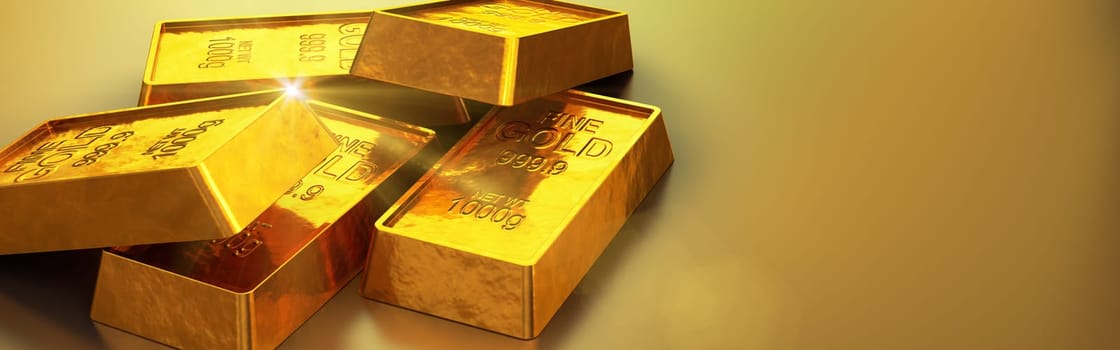 Shiny gold bars close up. 3d render