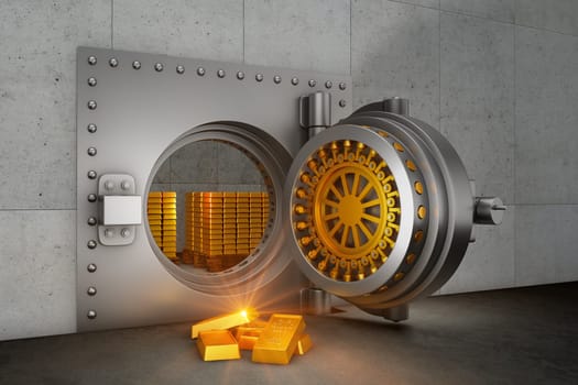 Open bank safe armored door and gold bars. 3d render