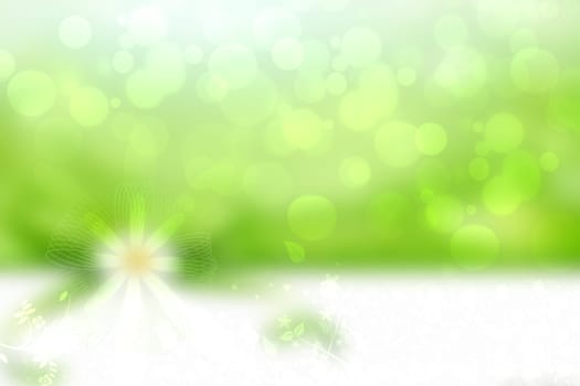 Green flower background. Abstract background texture with floral design in light green and white bokeh as element for design of greeting cards. Beautiful fresh green backdrop.