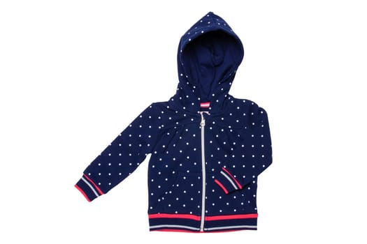 Kids jacket isolated. A stylish fashionable dark blue jacket with white dots and blue lining for the little girl. A sport jacket with hood for jogging isolated on white. Children sport fashion.