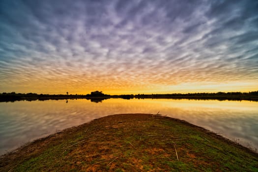 Lake Reflection Morning, tranquil landscape with cumulus clouds