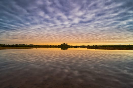 Lake Reflection Morning, tranquil landscape with cumulus clouds