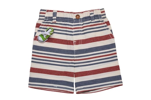 Short pants isolated. A short stylish striped summer jean pants isolated on a white background. Summer fashion for boys.