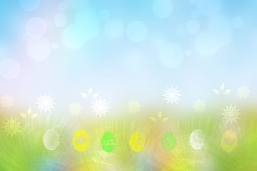 Happy easter background. Abstract green meadow with spring flowers and colorful easter eggs and a sunny blue sky. Space for your design.