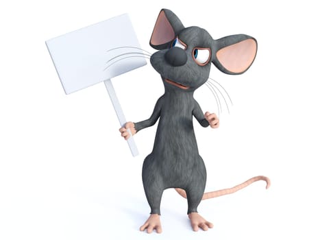 3D rendering of a cute cartoon mouse holding a blank sign. He is looking at the sign and seem very angry or upset. White background.