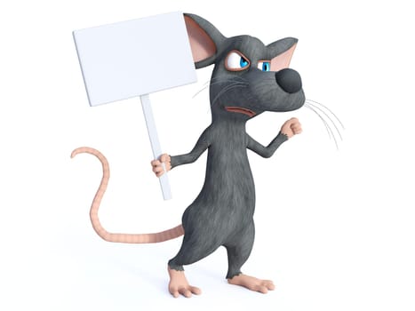 3D rendering of a cute cartoon mouse holding a blank sign and looking upset while marching and protesting. White background.