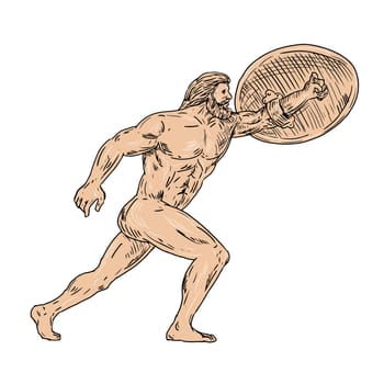 Drawing sketch style illustration of Hercules, a Roman hero and god equivalent to Greek divine hero Heracles, with shield and urginf forward on isolated white background.
