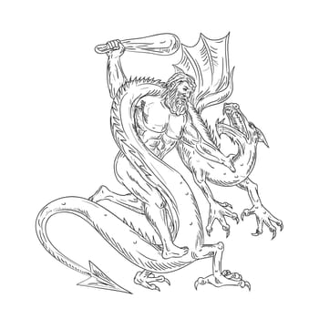 Drawing sketch style illustration of Hercules, a Roman hero and god the equivalent of the Greek divine hero Heracles, grappling a medieval dragon on isolated background in black and white.