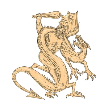 Drawing sketch style illustration of Hercules, a Roman hero and god the equivalent of the Greek divine hero Heracles, fighting a medieval dragon on isolated white background.
