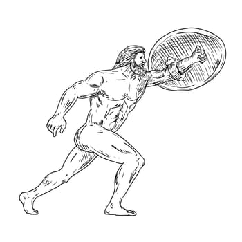 Drawing sketch style illustration of Heracles, a Greek divine hero equivalent to Roman hero and god, Hercules with shield and urginf forward done in black and white.