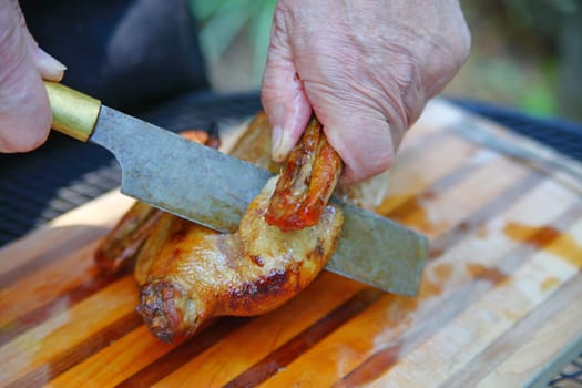 Older man cutting up duck outdoors