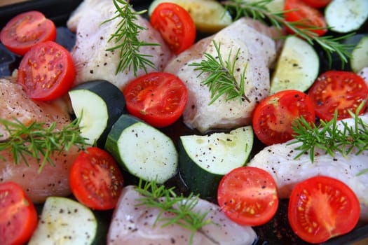 Closeup view of chicken dinner on a sheet pan