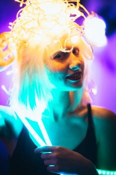 Portrait girl Strip Light LED tape on dark color background.