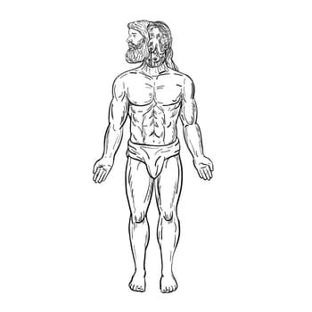 Drawing sketch style illustration of a male bearded human being with an alien-like octopus inside his head, manipulating his body in disguise viewed from front on isolated white background in black and white.